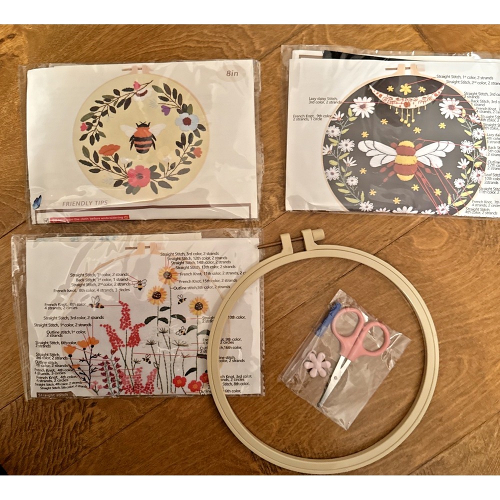 Embroidery Cross Stitch Kit Set Of 3 Beginners‎ Bee Flowers Sewing DIY Craft DIY